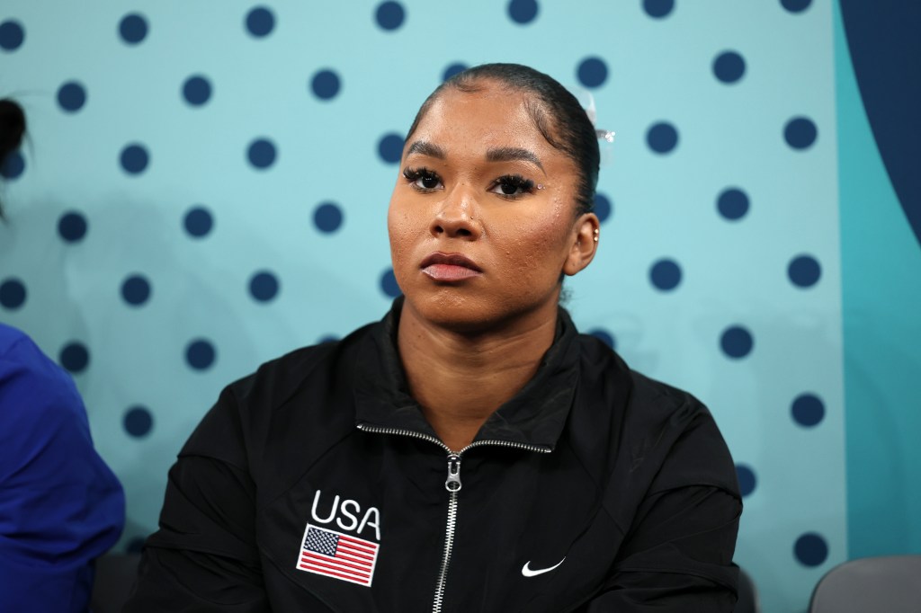 Jordan Chiles of Team USA looks on ahead of the apparatus floor final on day ten of the Olympic Games Paris 2024 at Bercy Arena on August 05, 2024 in Paris, France. 