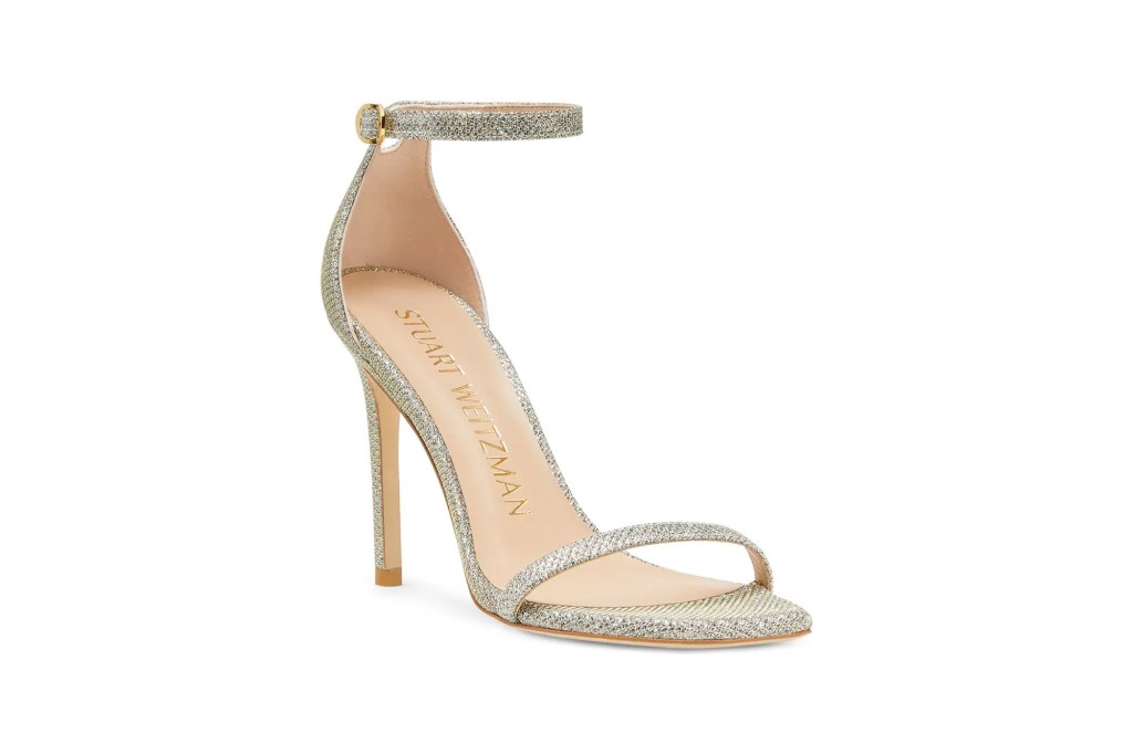 A sparkly silver high heel