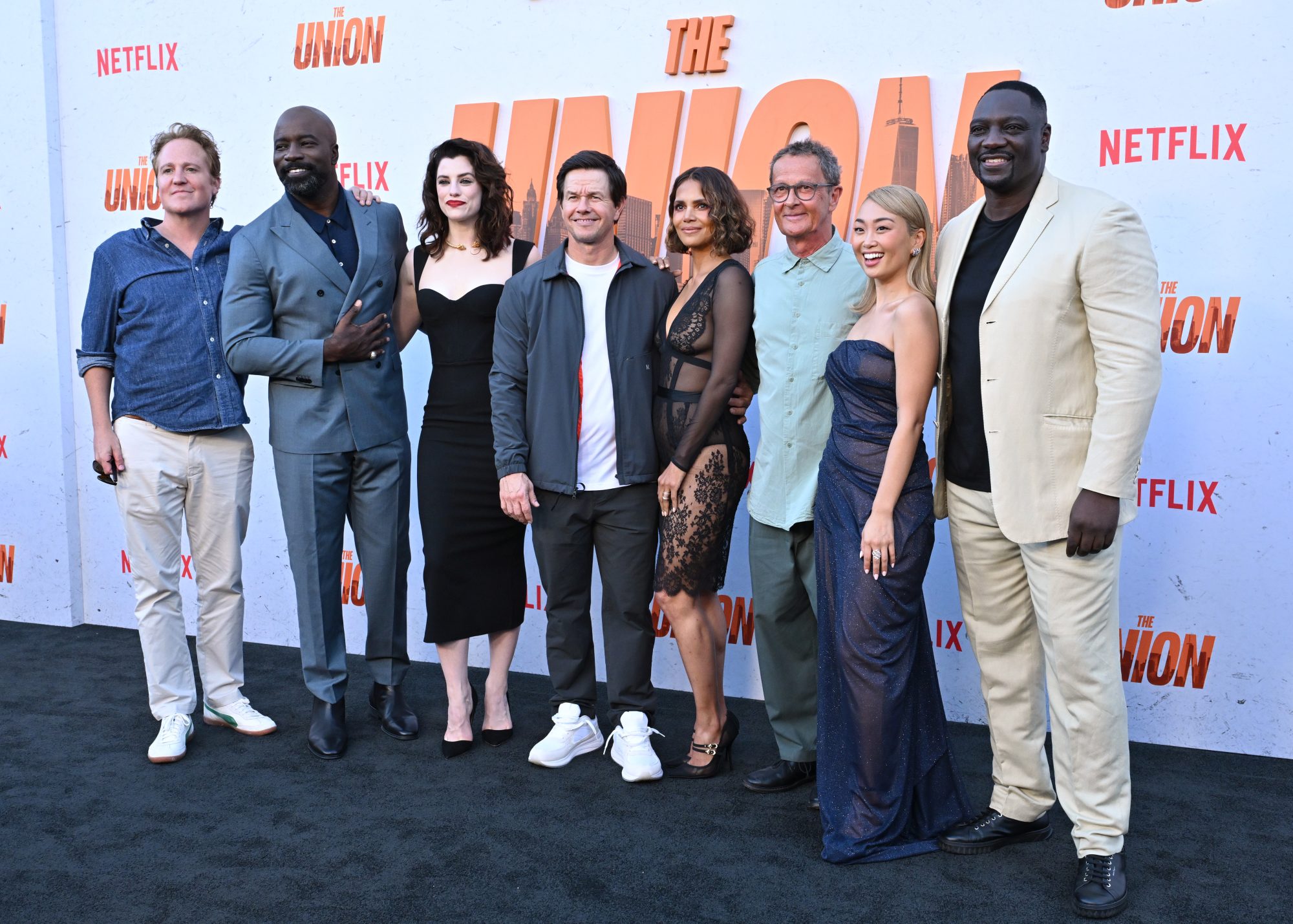 Patch Darragh, Mike Colter, Jessica De Gouw, Mark Wahlberg, Halle Berry, Julian Farino, Alice Lee and Adewale Akinnuoye-Agbaje attend the Los Angeles Premiere of Netflix's "The Union."