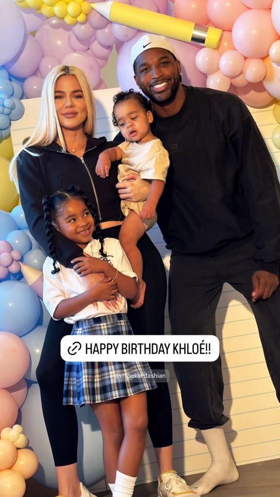 Khloe Kardashian and Tristan Thompson with their kids