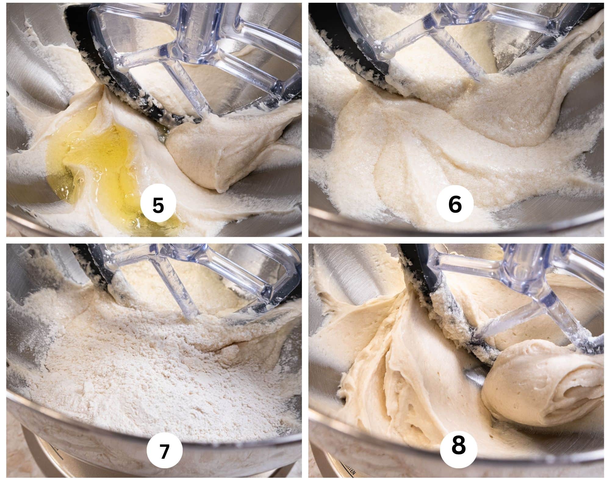 The second collage includes the second egg white added, the batter curdled, the flour added and the final smooth batter. 