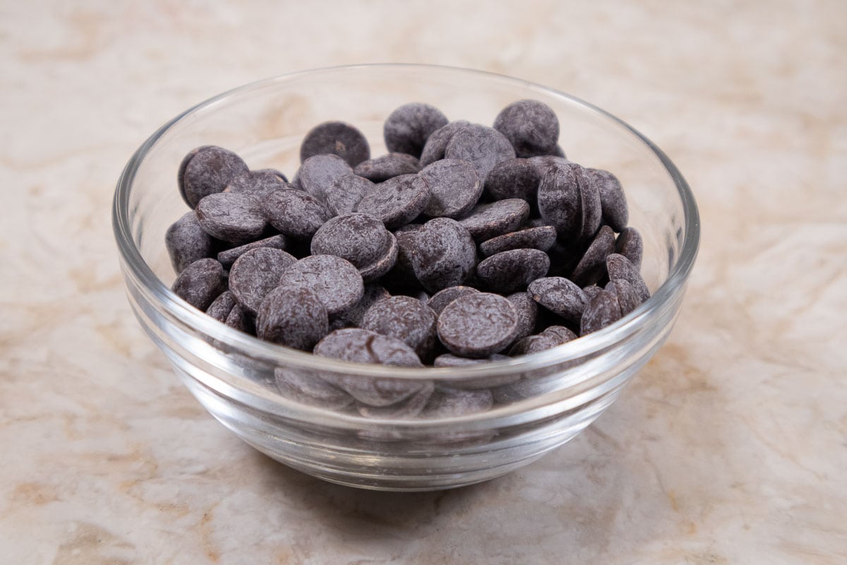 A bowl of unmelted semisweet chocolate for the filling.