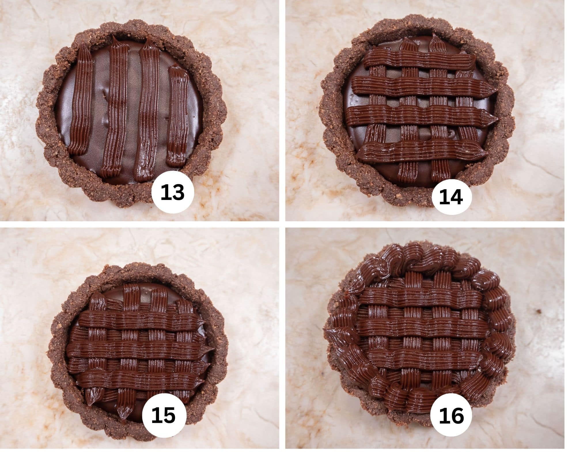 The tart is being piped with a basketweave finish.  The tart is turned  90 degrees and a second set of horizontal lines, is drawn, this is repeated one more time and then the edge is finished.  