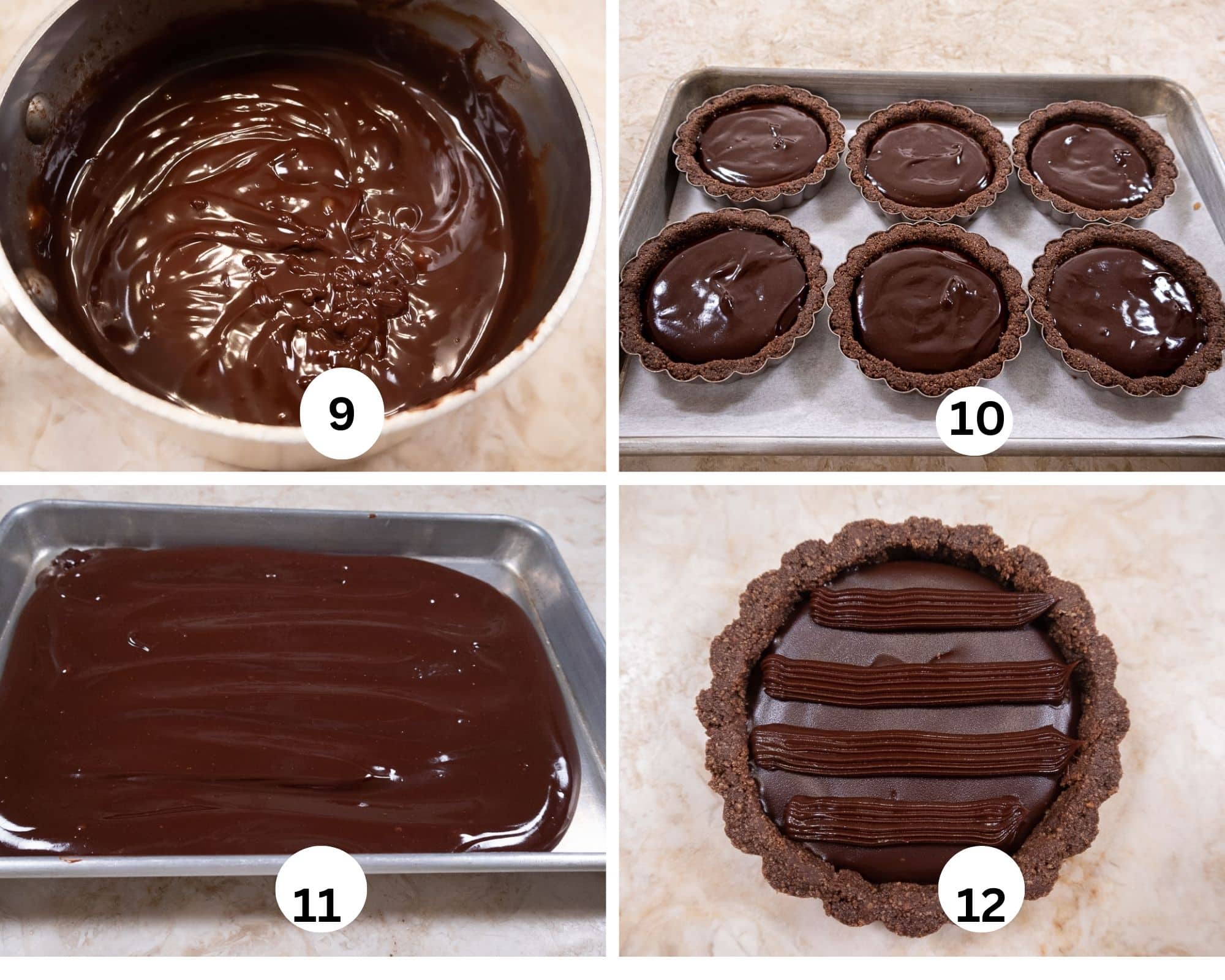 Collage 3 shows the truffle mixure whisked smooth, filling the tarts,laid out on a tray and the first horizontal line piped onto the tart.