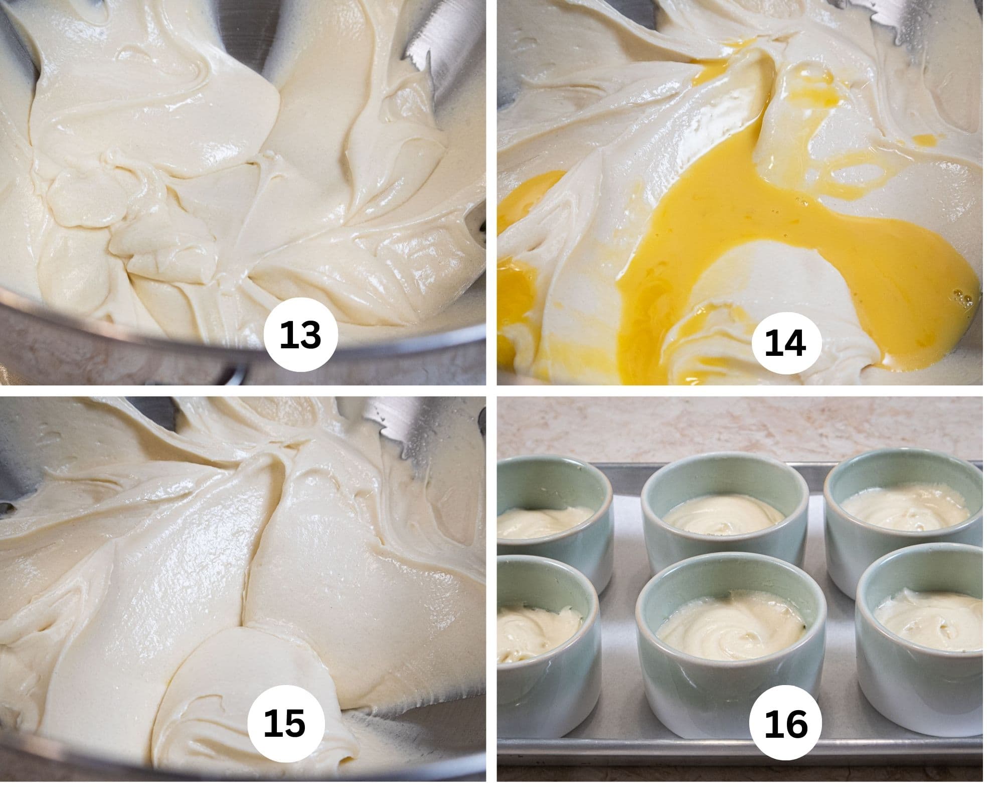 This collage shows the batter mixed, the second addition of liquids, and that batter mixed then poured into 6 ramekins. 