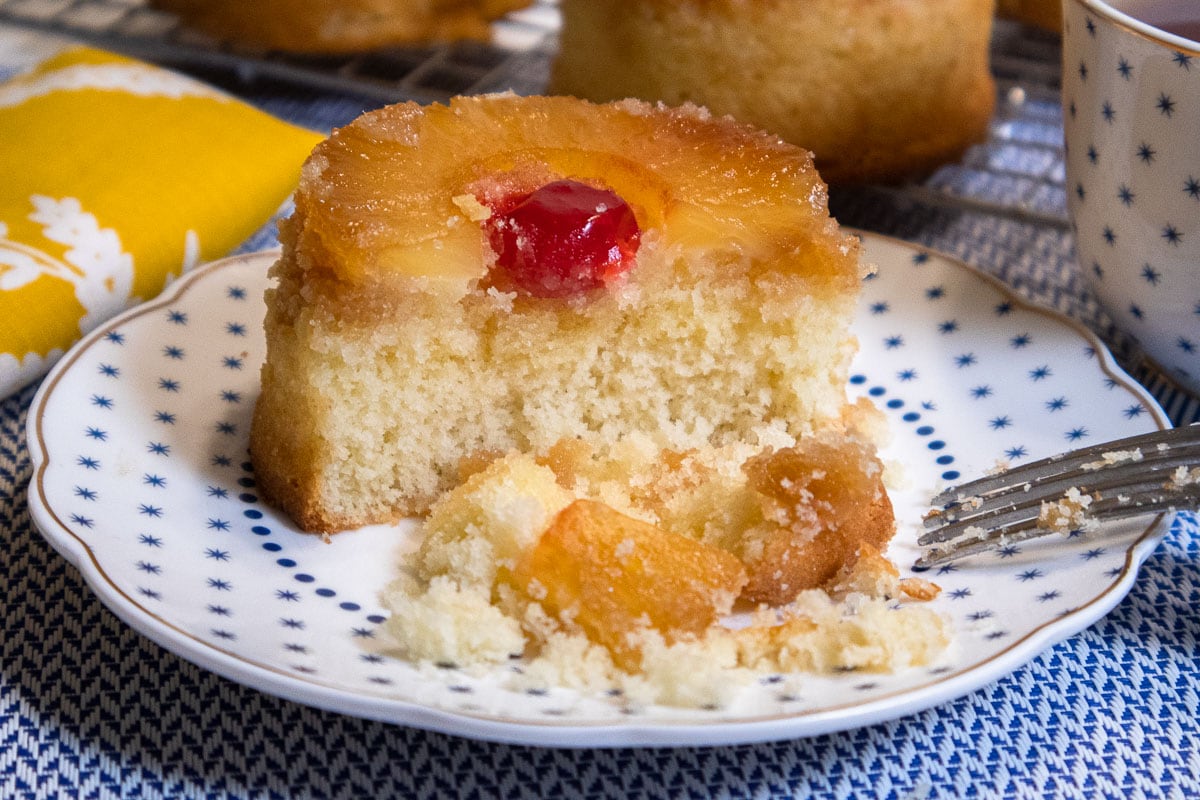 The bottom photo shows a Mini Pineapple Upside Down Cake cut on a blue and white plate.