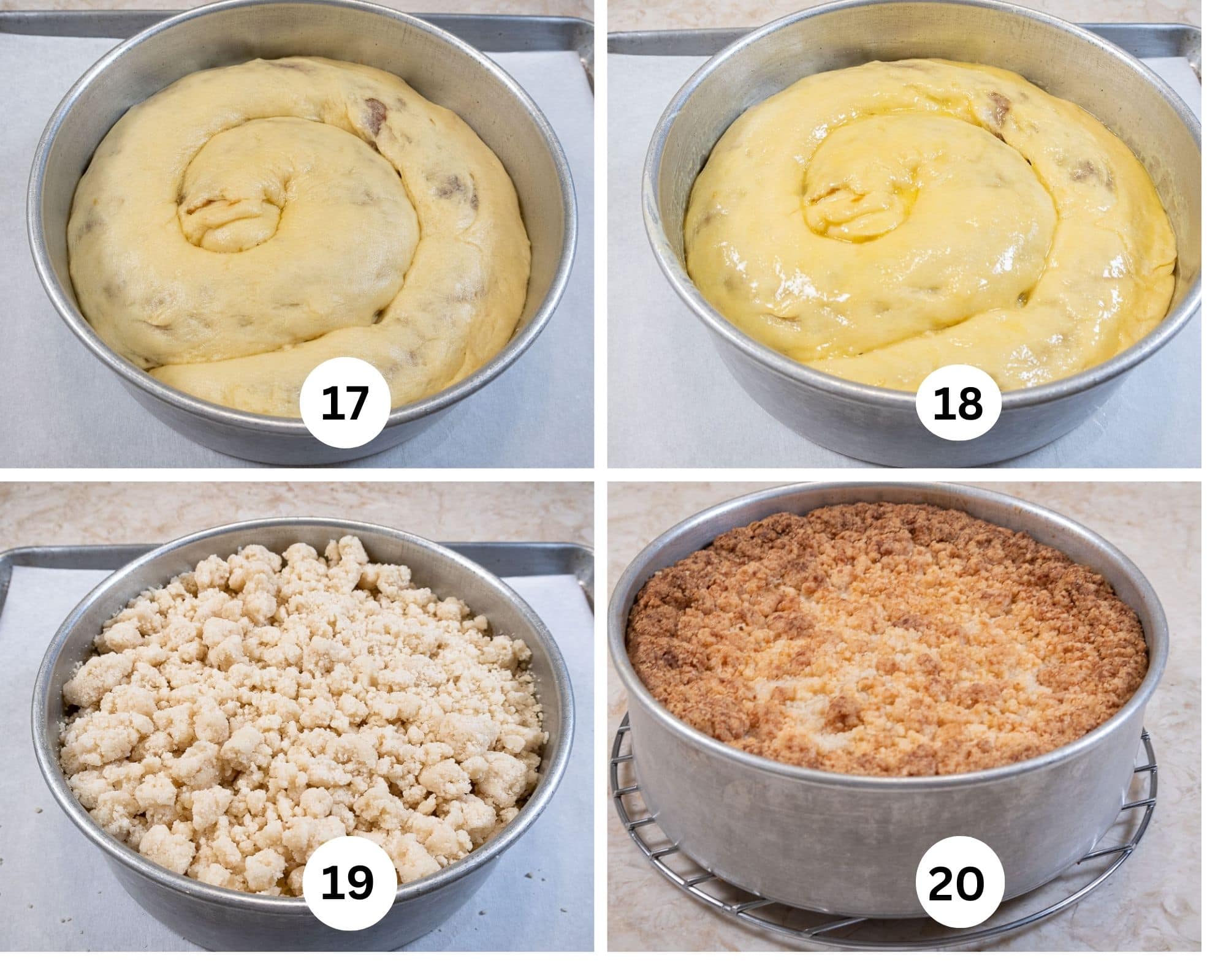 The last collage shows the coffee cake risen, egg washed, crumbs on top and baked.