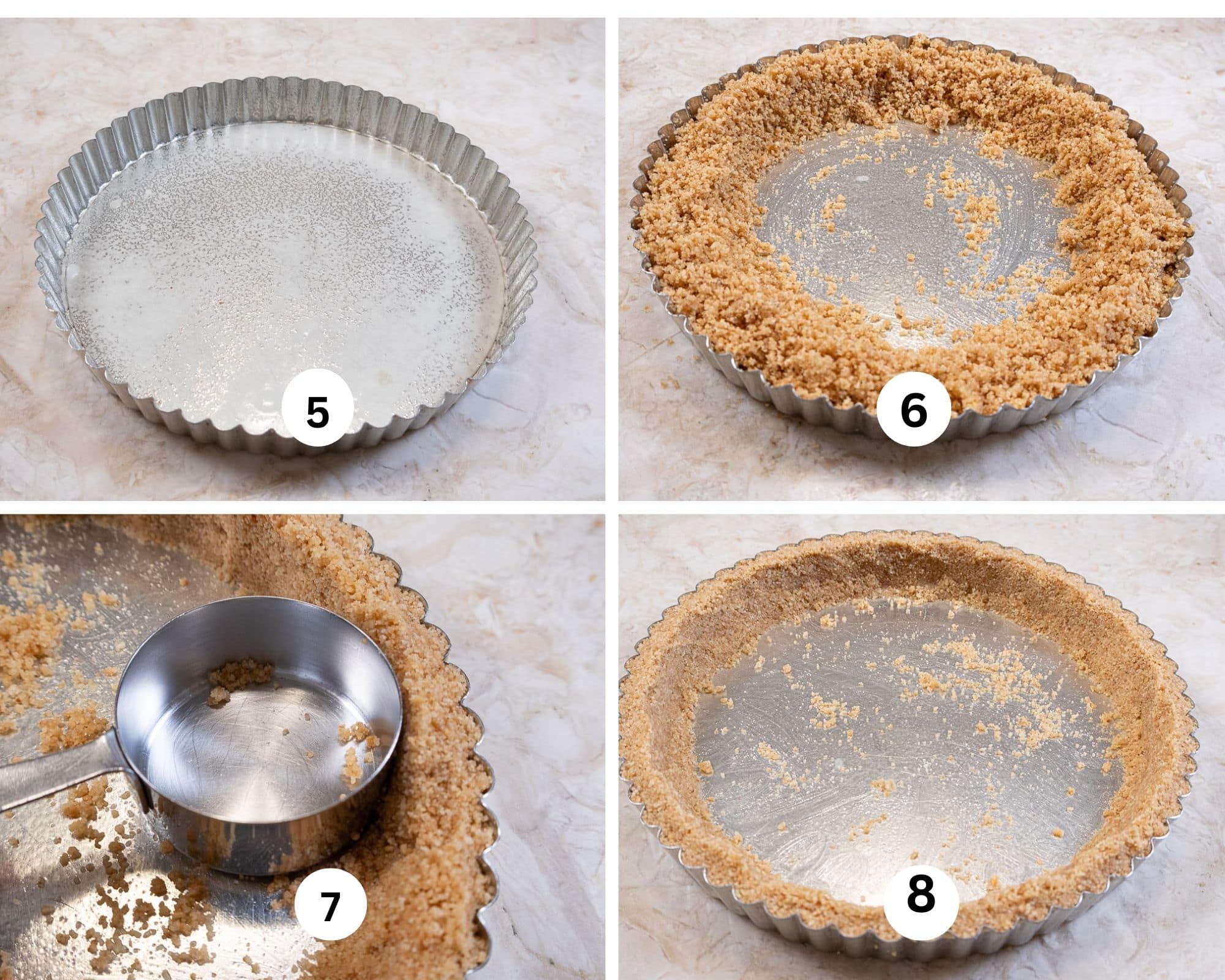 This collage shows the tart pan, the loose crumbs around the inside edge of the pan, the crumbs being pressed into the side of the pan and the sides completed.