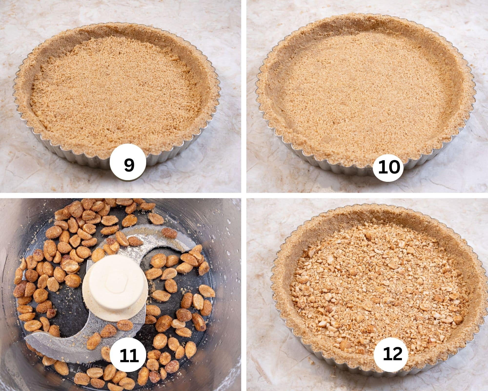 The final crust collages shows the remainder of the crumbs evenly distributed on the bottom of the pan, pressed in solidly, peanuts in a processor, then placed on top of the crust.