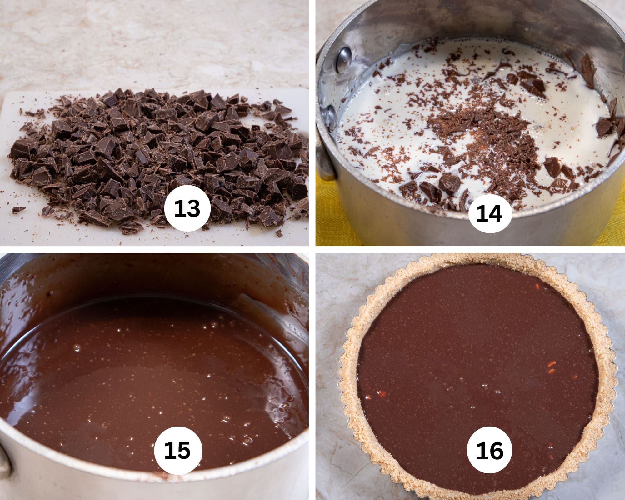 This collage shows the milk chocolate cut into small pieces, the filling ingredients in a sauce pan, melted together and poured into the crust.