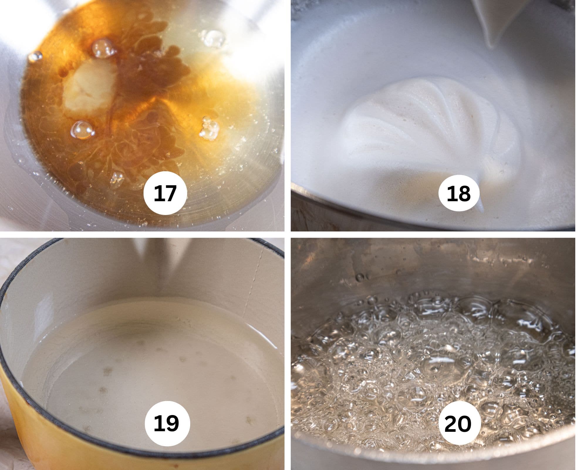 Marshmallow cream shows the liquid ingredients in a saucepan, the egg whites and vanilla in the bowl of a mixer, the egg whites ready for the sugar syrup, the sugar syrup boiling.