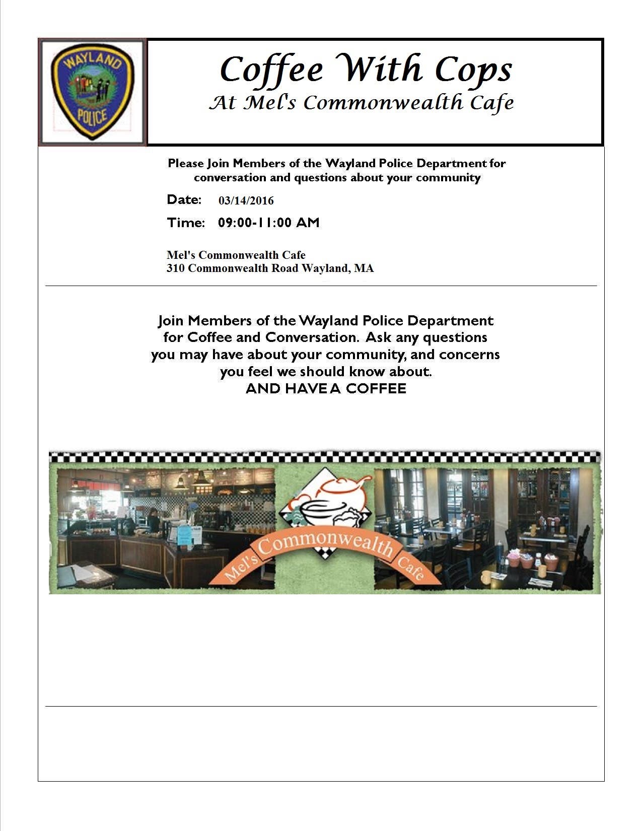 Wayland Police Holding 'Coffee with Cops' Monday at Mel's