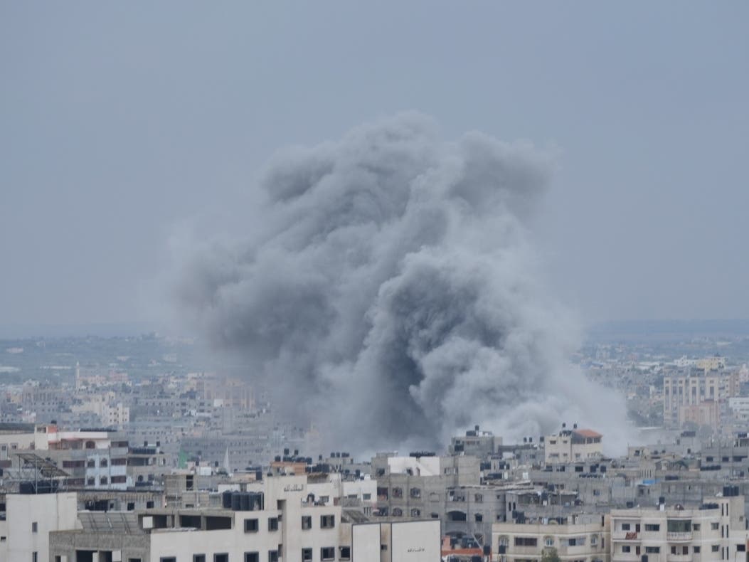 Smoke from an Israeli airstrike rises in Gaza City on Monday, Oct. 9, 2023.