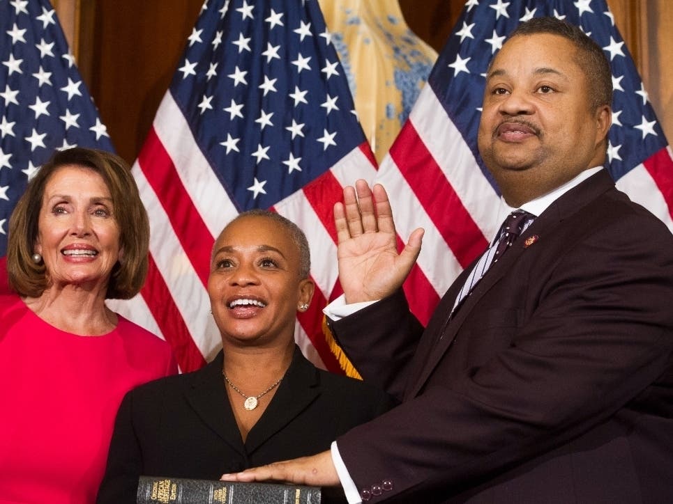 U.S. Rep. Donald Payne Jr. (right) attends a swearing-in ceremony alongside former House Speaker Nancy Pelosi during the opening session of the 116th Congress in Washington D.C. on Jan. 3, 2019.