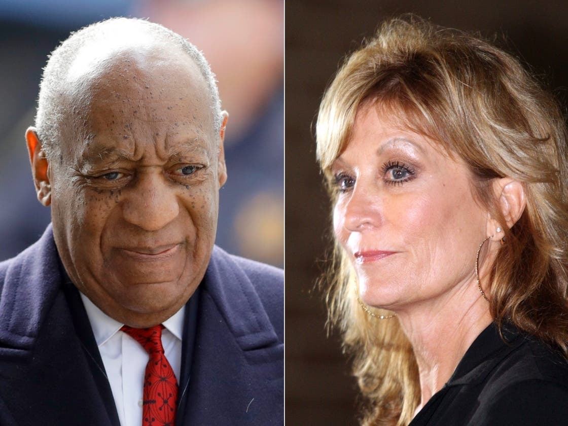 Bill Cosby arrives for his sexual assault trial in Norristown, Pa. on April 20, 2018, left, and Judy Huth appears at a press conference outside the Los Angeles Police Department's Wilshire Division station in Los Angeles on Dec. 5, 2014.