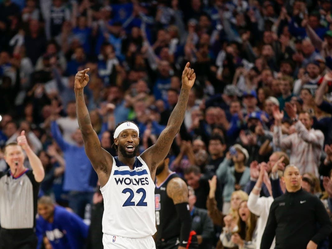 Minnesota Timberwolves guard Patrick Beverley celebrates during an NBA basketball game against the Los Angeles Clippers Tuesday, April 12, 2022, in Minneapolis.