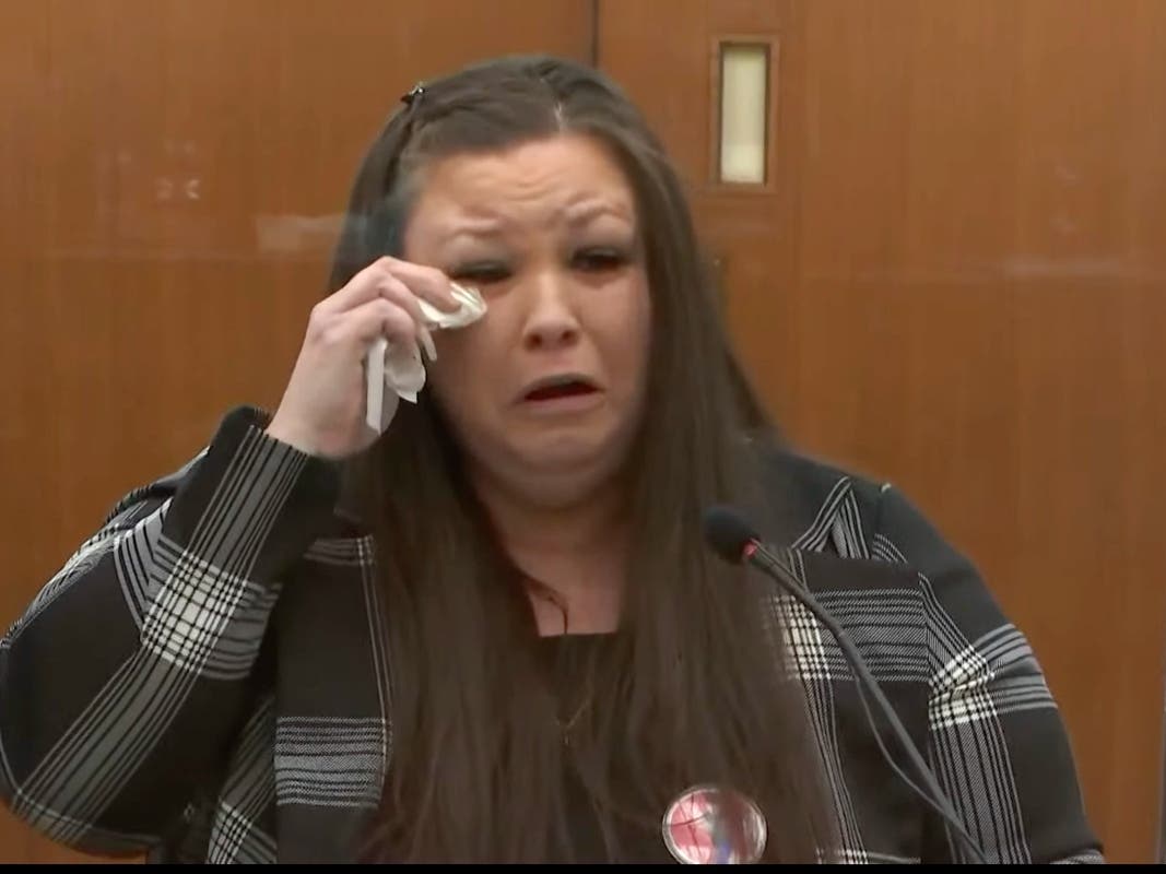 In this screen grab from video, The mother of Daunte Wright, Katie Wright, who also sometimes uses the name Katie Bryant, wipes away a tear as she speaks during the sentencing hearing of former Brooklyn Center Police Officer Kim Potter Feb. 18, 2022.