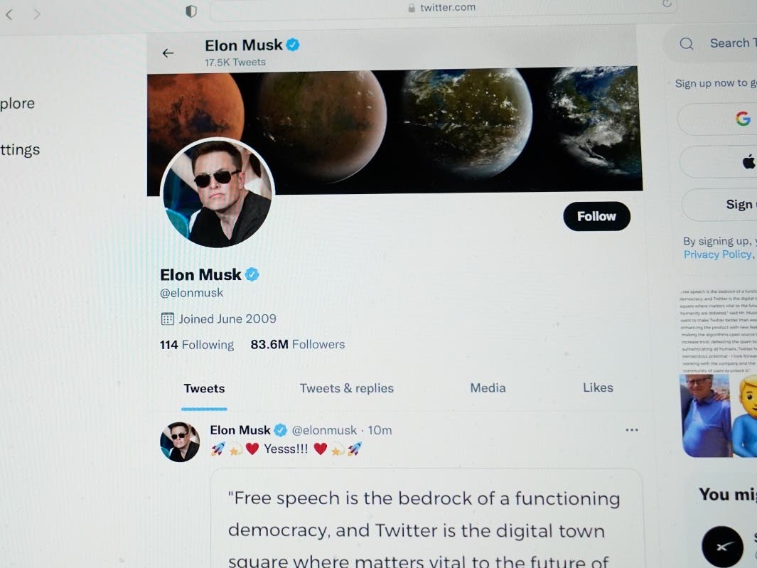 The Twitter page of Elon Musk is seen on the screen of a computer in Sausalito, Calif., on Monday, April 25, 2022. Elon Musk wants to change how Twitter doles out its checkmark badges for verified accounts.