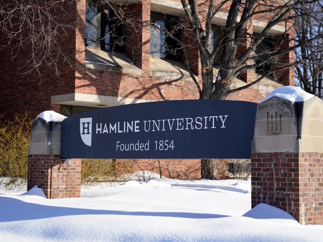 Signage at Hamline University is viewed Friday, Jan. 27, 2023, in St. Paul, Minn.