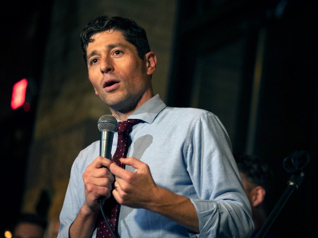 Mayor Jacob Frey gives a speech on Nov. 2, 2021 in Minneapolis. More than two years after George Floyd died at the hands of Minneapolis police, the city is struggling to rebuild its police department after hundreds of officers quit the force.