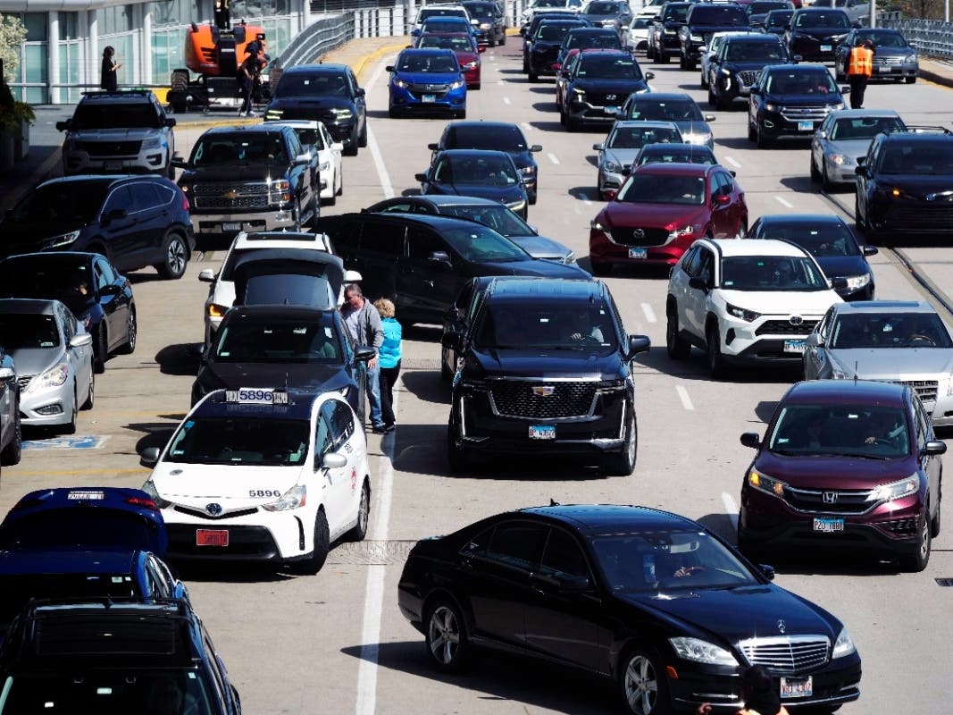 Heavy traffic is seen at O'Hare International Airport in Chicago, Monday, April 15, 2024. Pro-Palestinian demonstrators blocked a freeway leading to three Chicago O'Hare International Airport terminals Monday morning.