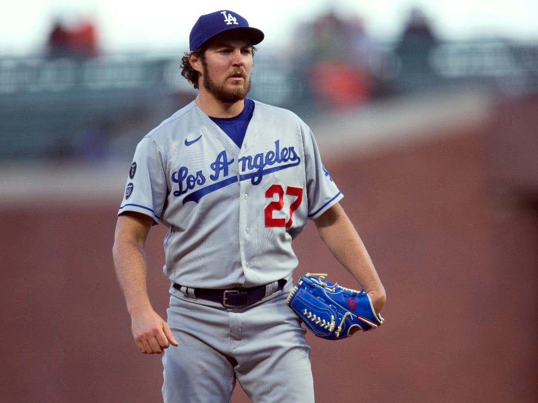 FILE - Los Angeles Dodgers starting pitcher Trevor Bauer looks toward home during the team's baseball game against the San Francisco Giants on May 21, 2021, in San Francisco. 