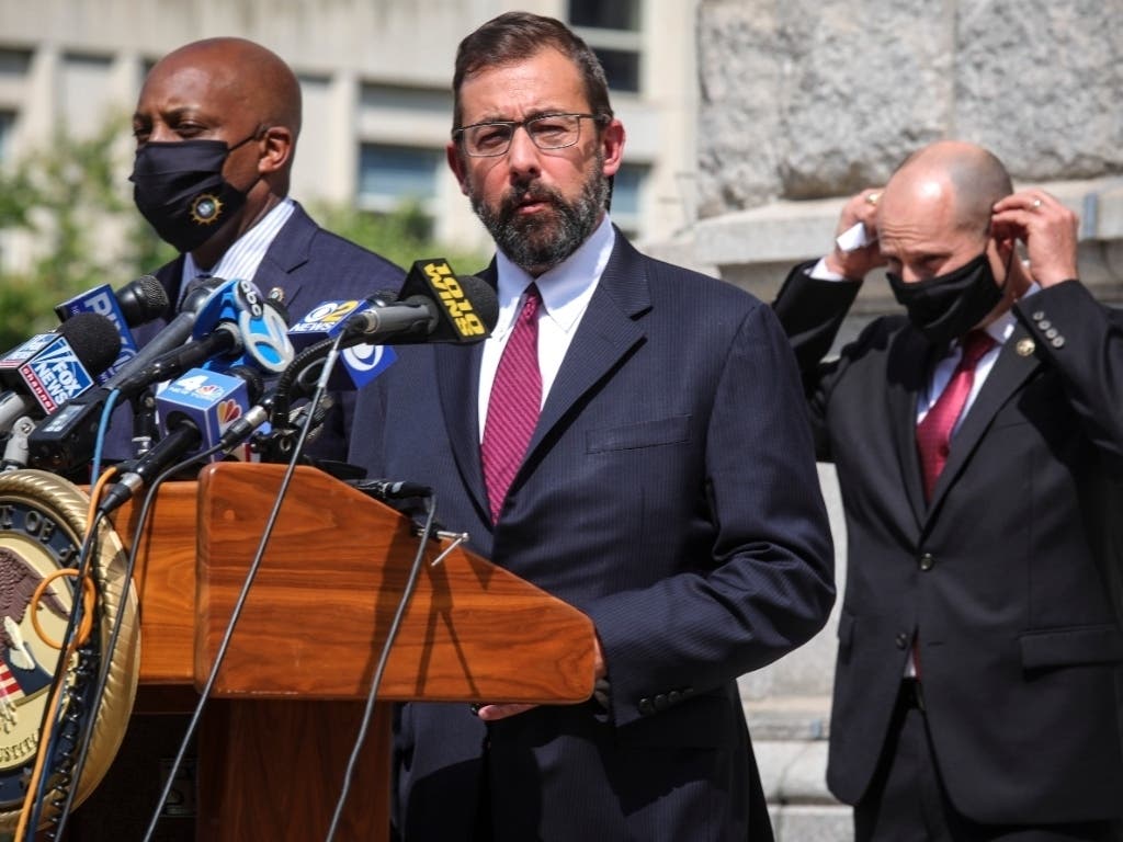 Acting United States Attorney Seth D. DuCharme, center, N.Y. Chief of Detectives Rodney Harrison, left, and ATFE Acting Special Agent-in-Charge Daryl McCormick, right.