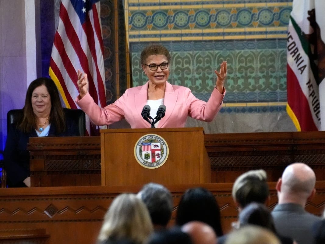 Los Angeles Mayor Karen Bass delivers her State of the City address from City Hall in Los Angeles, Monday, April 15, 2024. 