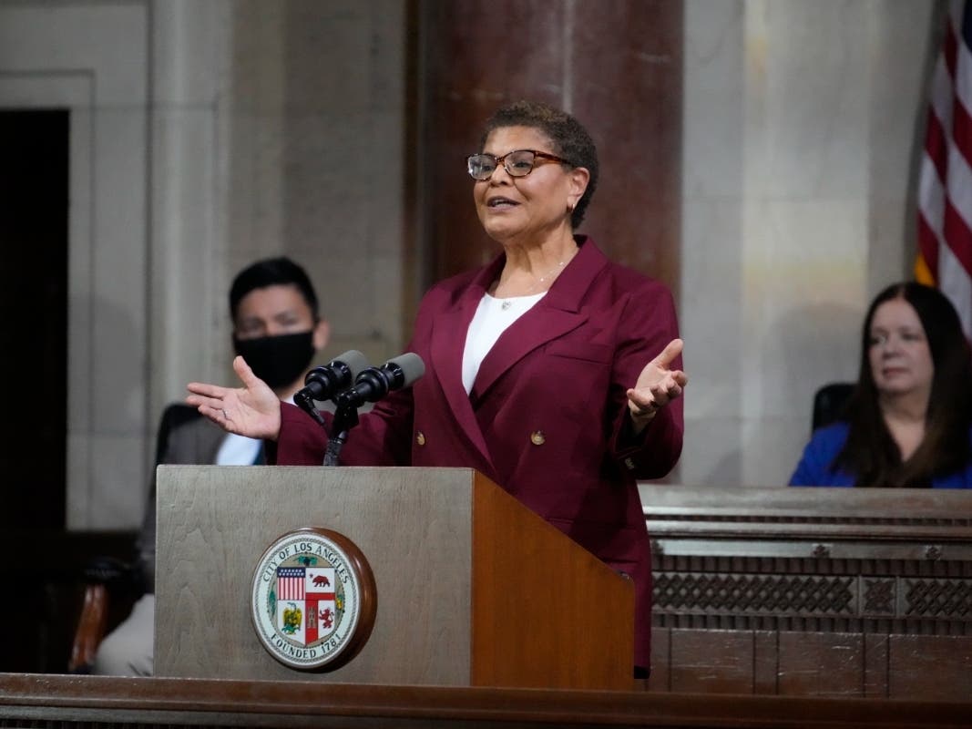 Los Angeles Mayor Karen Bass delivers her first State of the City address from City Hall in Los Angeles, Monday, April 17, 2023. 