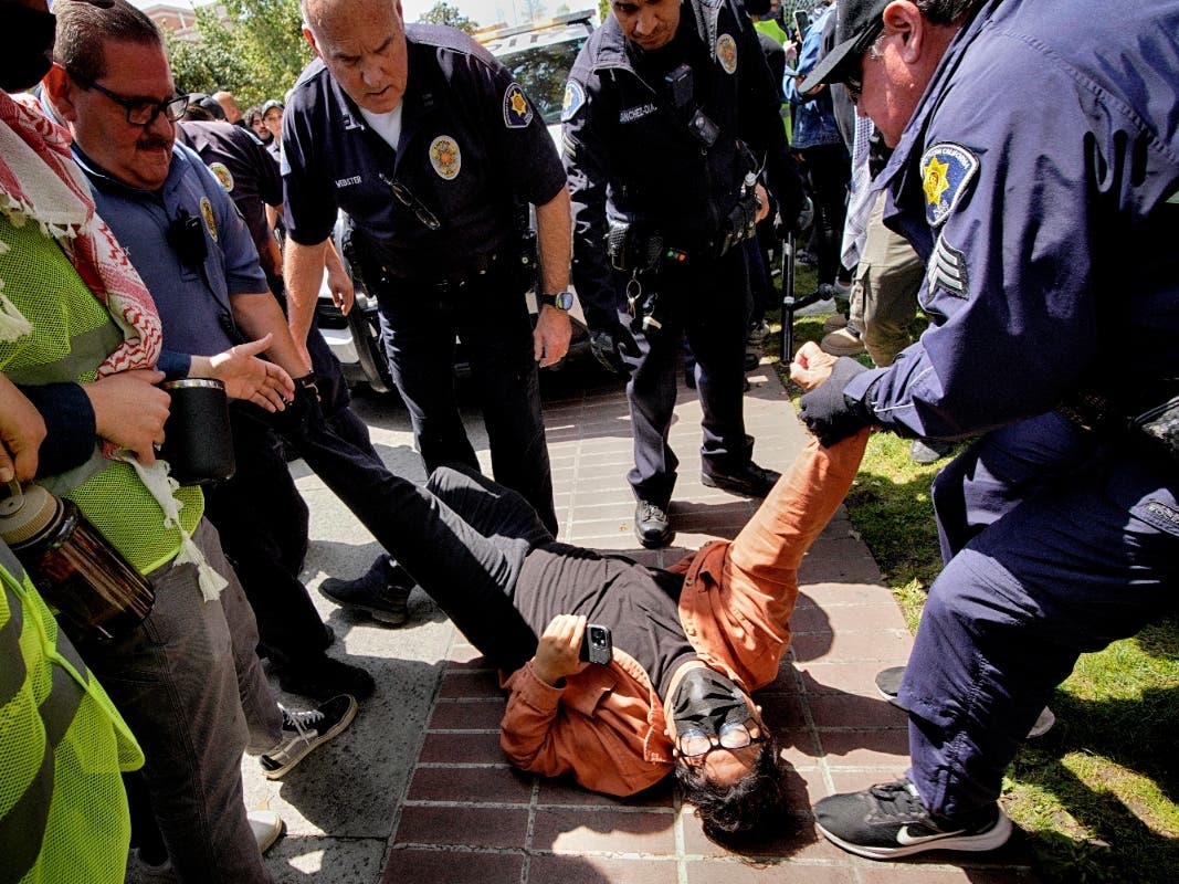 A University of Southern California protester is detained by USC Department of Public Safety officers during a pro-Palestinian occupation at the campus' Alumni Park on Wednesday, April 24, 2024 in Los Angeles. 