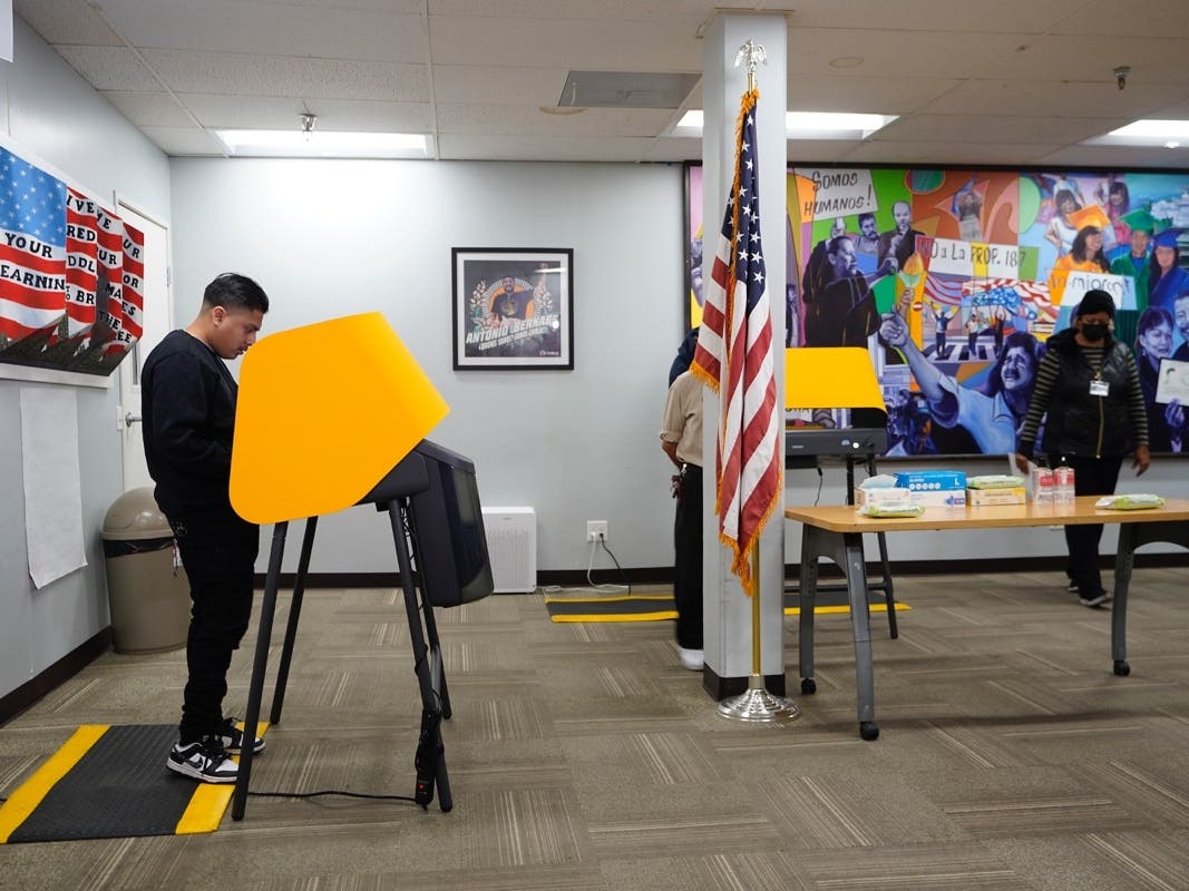 Voters of the immigrant community in Los Angeles County cast their ballots in-person on Ballot Marking Devices at a participating Flex Voting Center set for only one day at the offices of Coalition for Humane Immigrant Rights, CHIRLA, in Los Angeles.