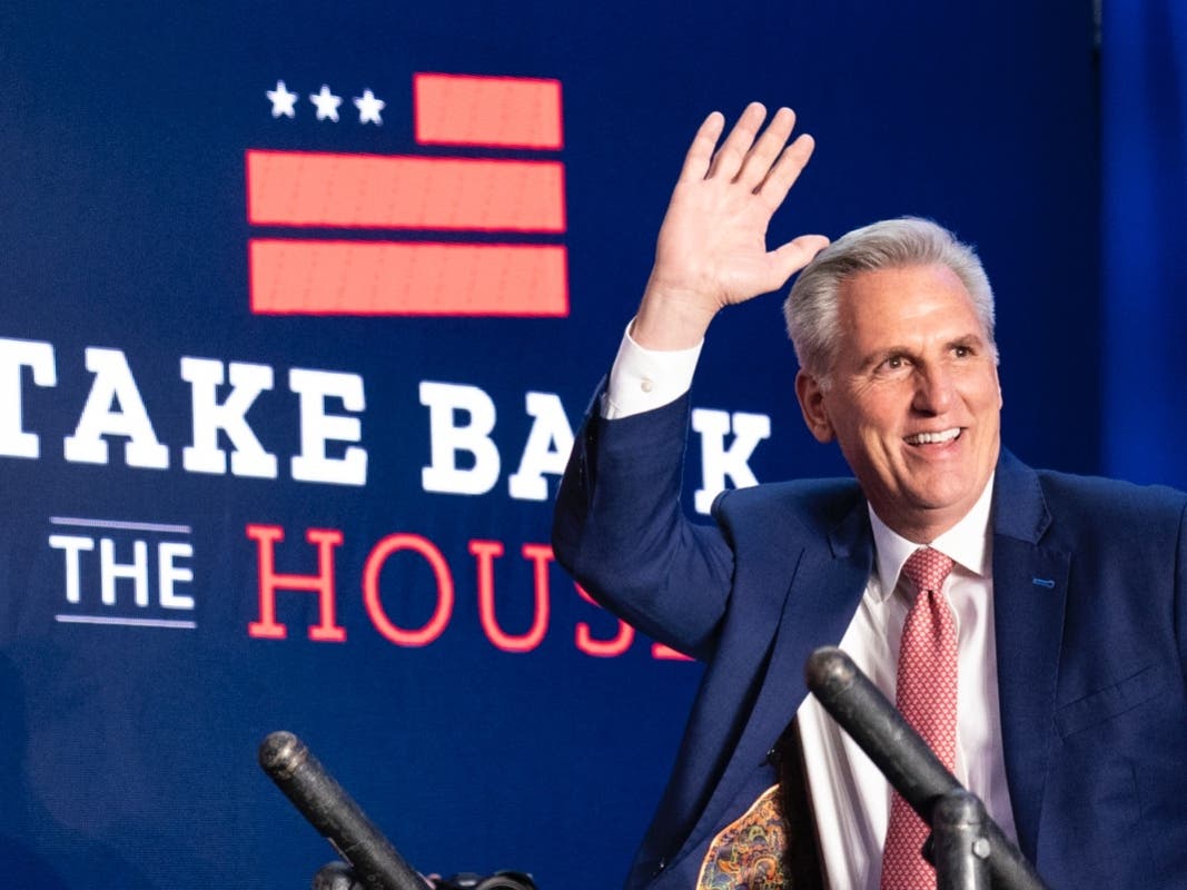 House Minority Leader Kevin McCarthy of Calif., arrives to speak at an event early Wednesday morning, Nov. 9, 2022, in Washington. 