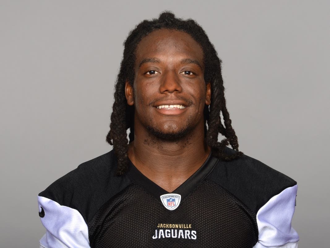 This is a 2015 photo of Sergio Brown of the Jacksonville Jaguars NFL football team. Police in Illinois are searching from Brown after his mother was found dead in a creek, and the death deemed a homicide.