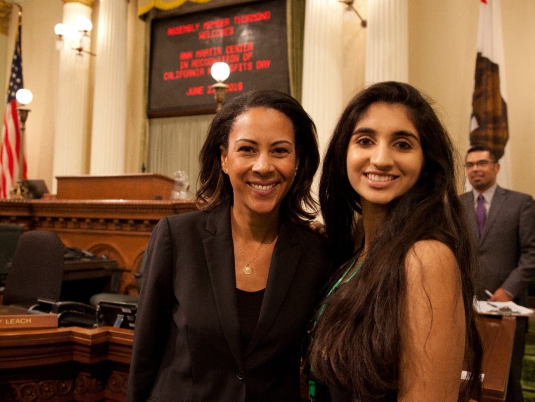 Gold Award recipient Inaara Biring (R) of Girl Scouts of Greater Los Angeles poses for a photo with Assembly member Autumn Burke at the California State Capitol on June 22, 2016 in Sacramento, California. 