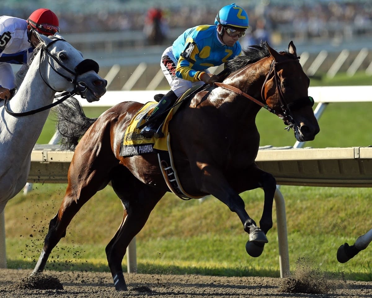 Triple-Crown winner American Pharoah races at the Haskell Invitational at Monmouth Park in 2015.