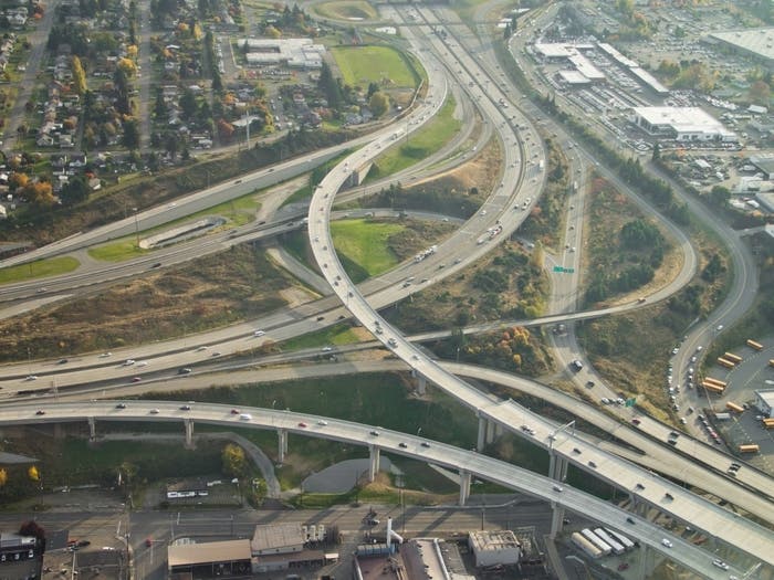 An aerial view shows State Road 16 ending at Interstate 5 in Tacoma, Washington. Washington state recorded 68 deaths from wrong-way crashes on divided highways from 2010 to 2019. 