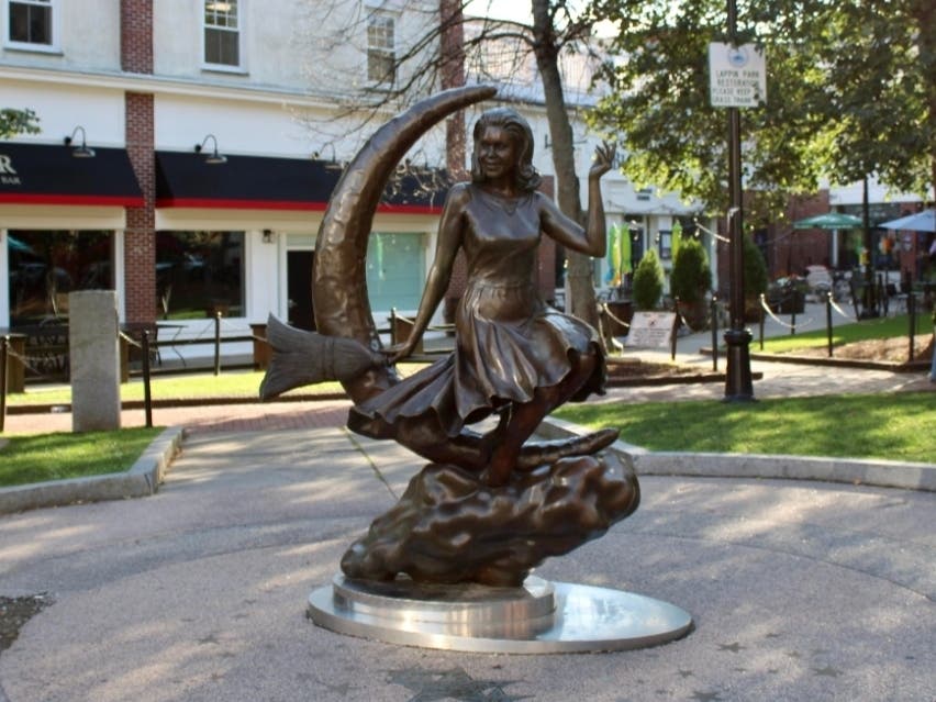 The “Bewitched” statue donated by the TV Land channel depicts Elizabeth Montgomery, the star of the sitcom, astride a broom on a crescent moon. Four episodes of the show’s seventh season were set in Salem. 