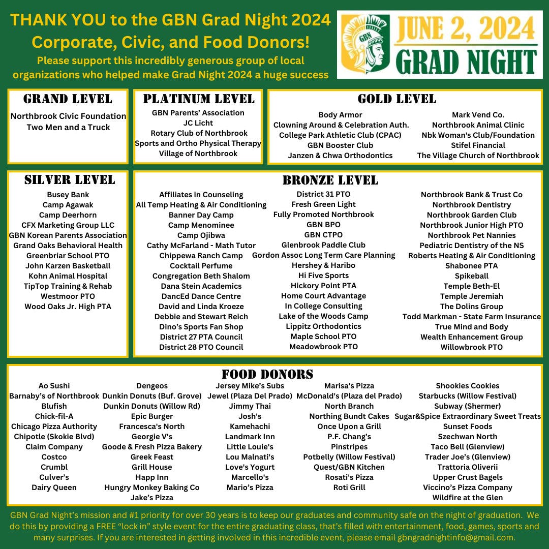 Glenbrook North Grad Night 2024 Sponsor Thank You