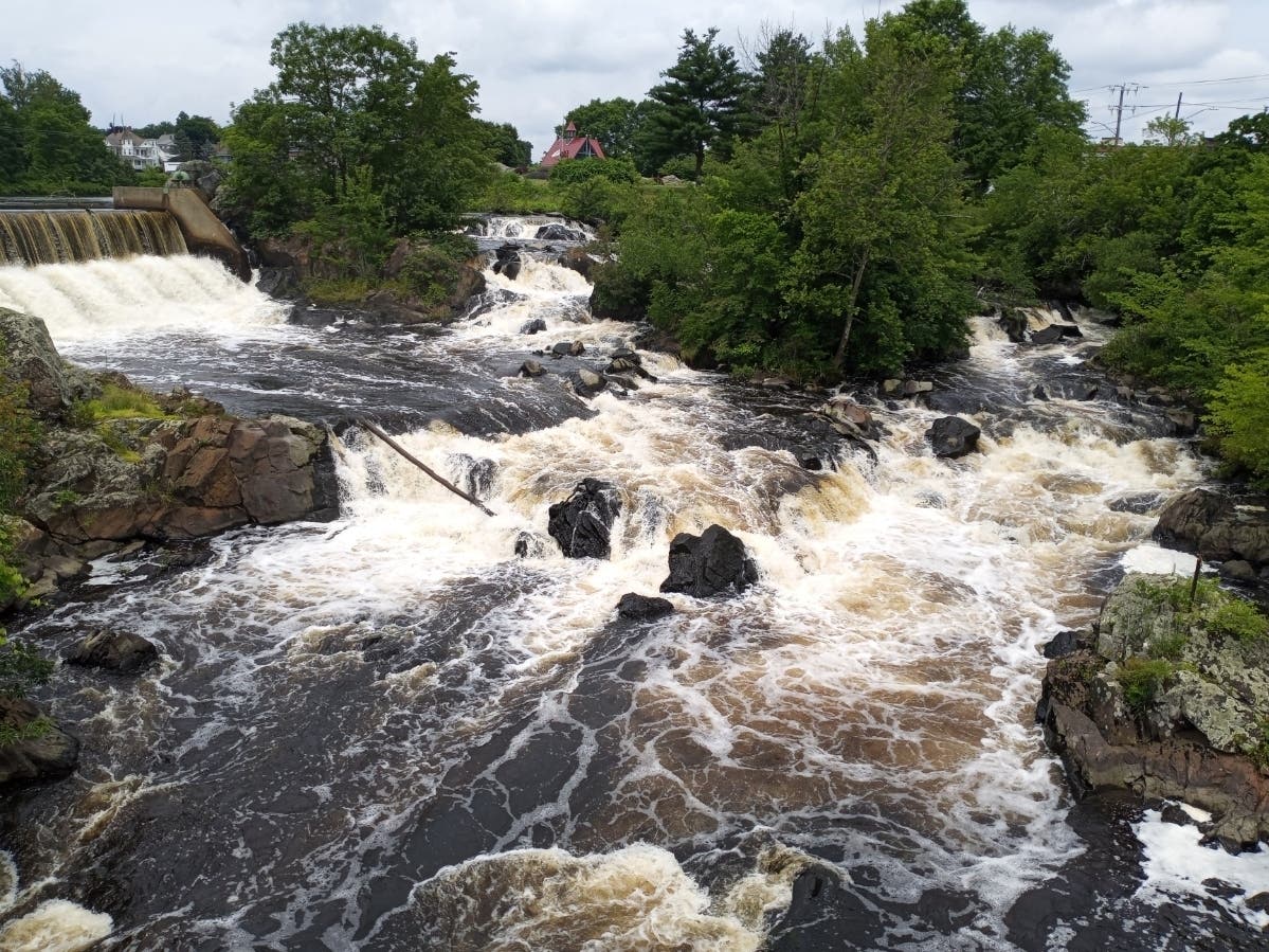 The rapids below the waterfall in the center of Putnam adjacent to the World War Memorial Bridge were raging.