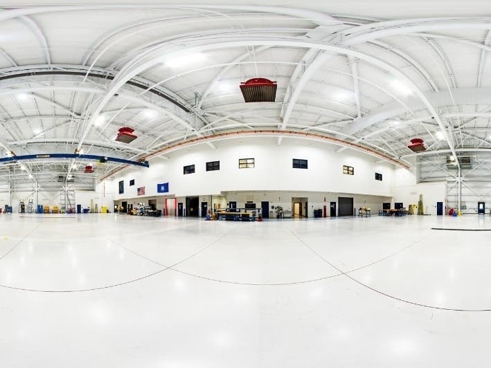 A 360-degree image of the interior of a large hanger near Bradley International Airport. 