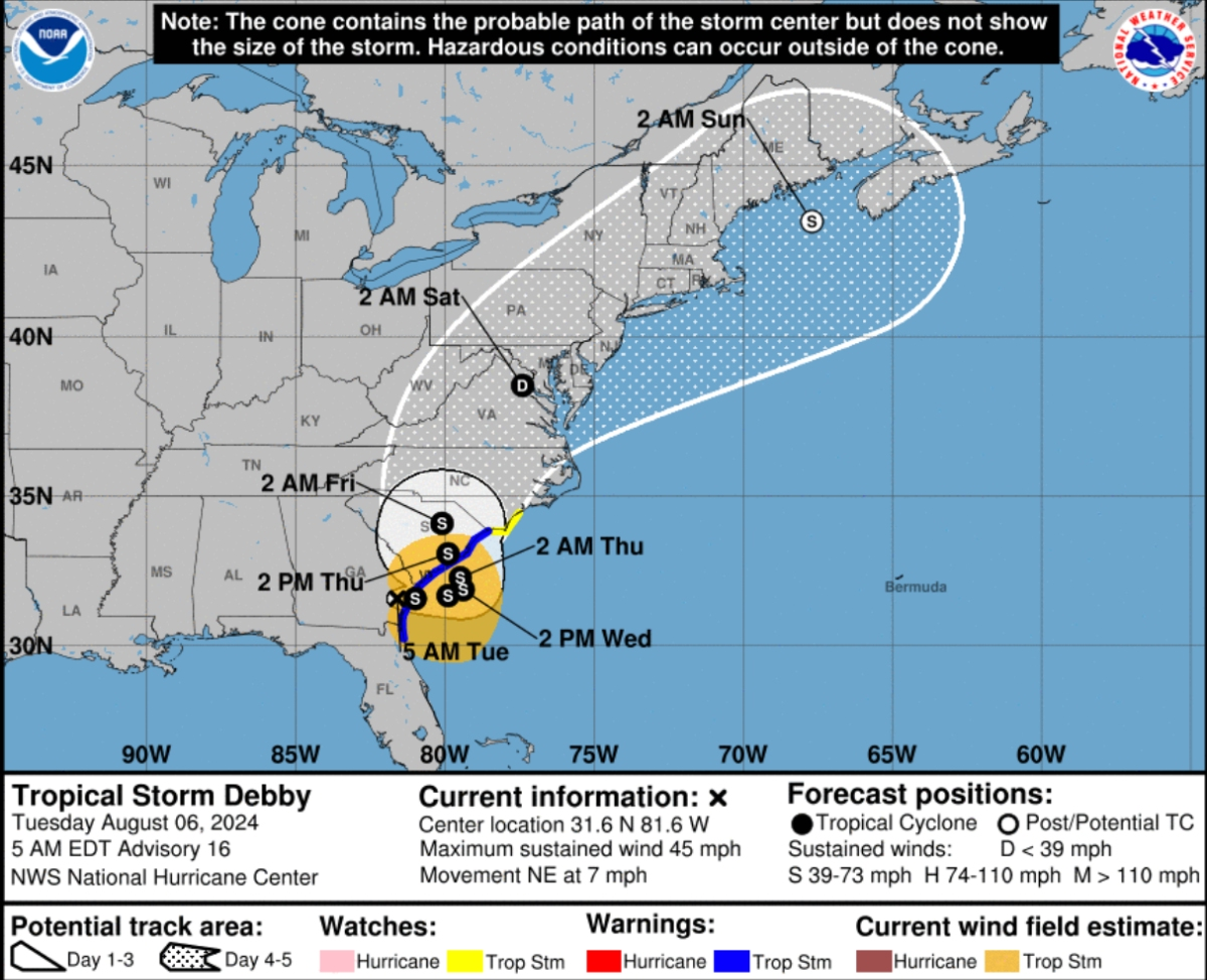 The current estimated path of tropical storm Debby.