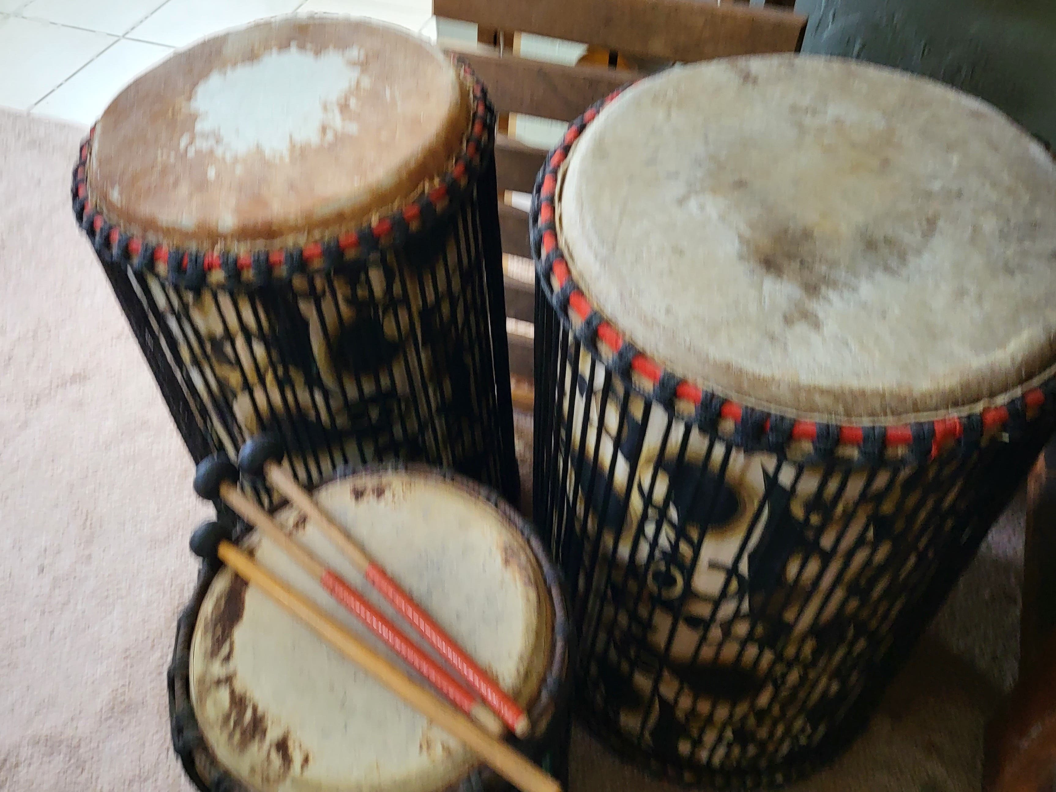 authentic goat skin djembe set from mali. includes dun-dun, sambaing and kenkeni