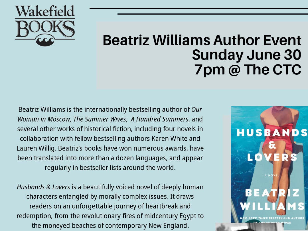 Beatriz Williams Author Event Sunday Night at The CTC
