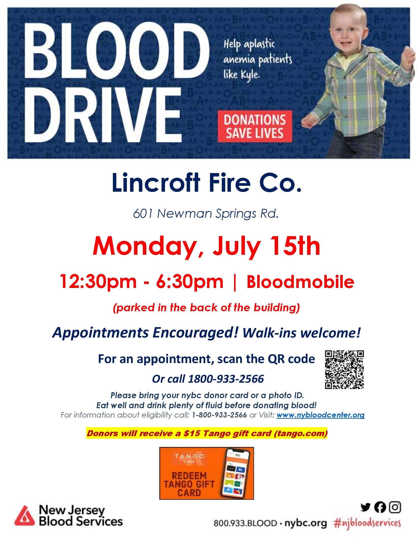 Lincroft Community Blood Drive - $15 E-gift card for donors!