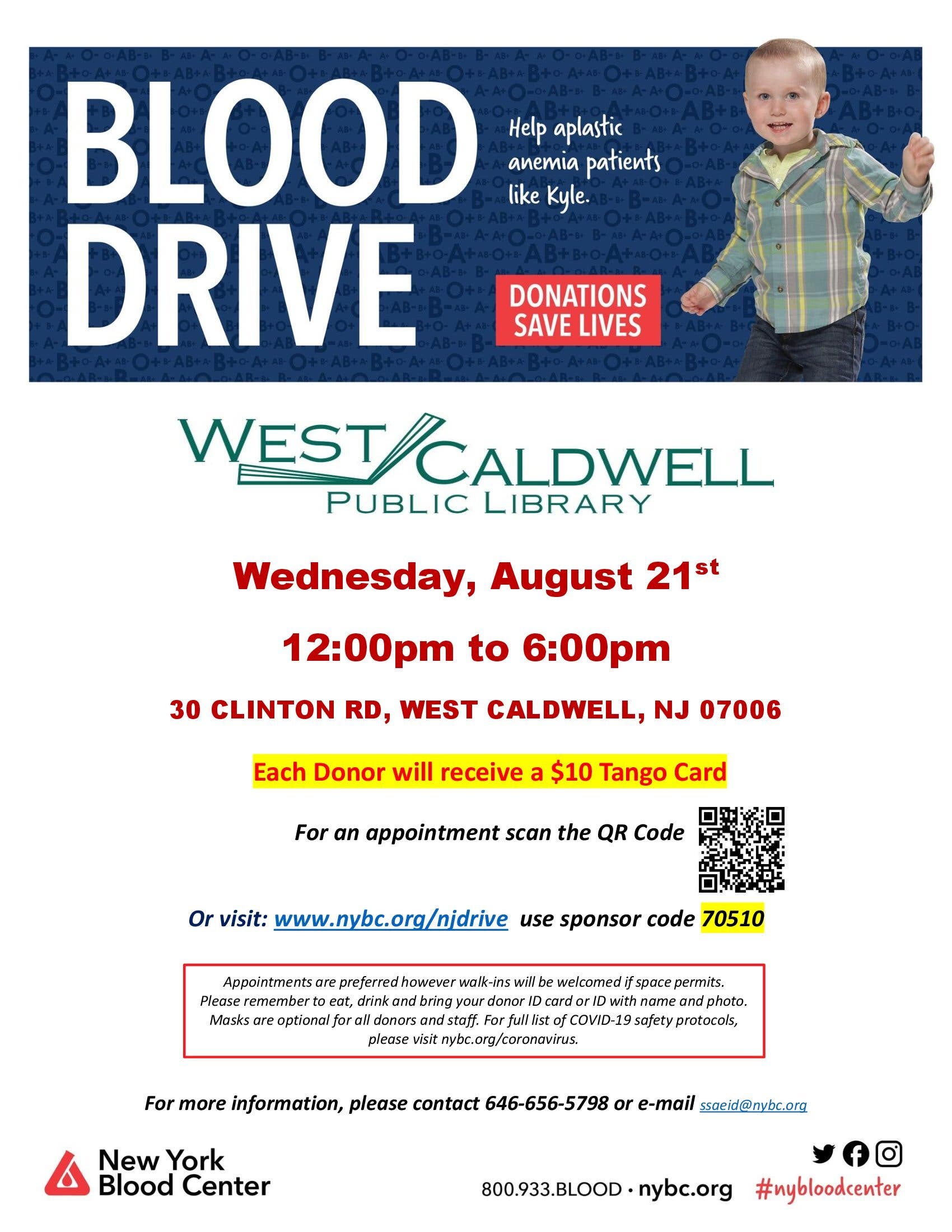 West Caldwell Community Blood Drive - $10 E-gift card to donors!