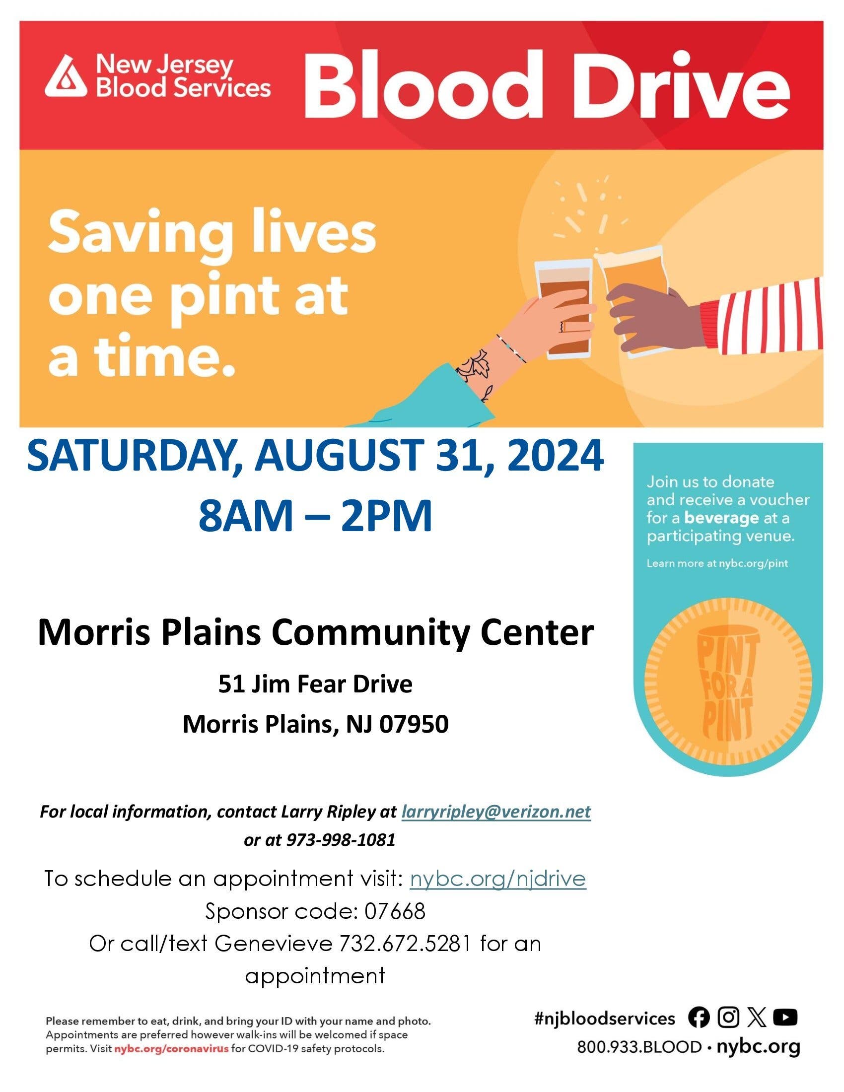 Morris Plains Community Blood Drive - Pair of NY Mets tickets per donor!