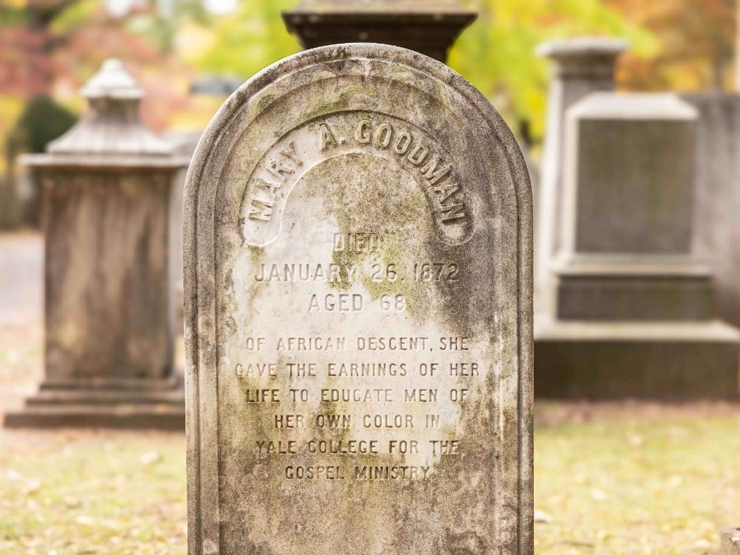 The Grove Street Cemetery headstone of Mary Ann Goodman, whose generosity opened paths for Black students at Yale, as well as the women who were local pioneers in Black education early in the 19th century.  