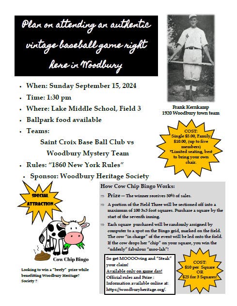 Vintage Base Ball Game in Woodbury, plus a Game of Cow Chip Bingo