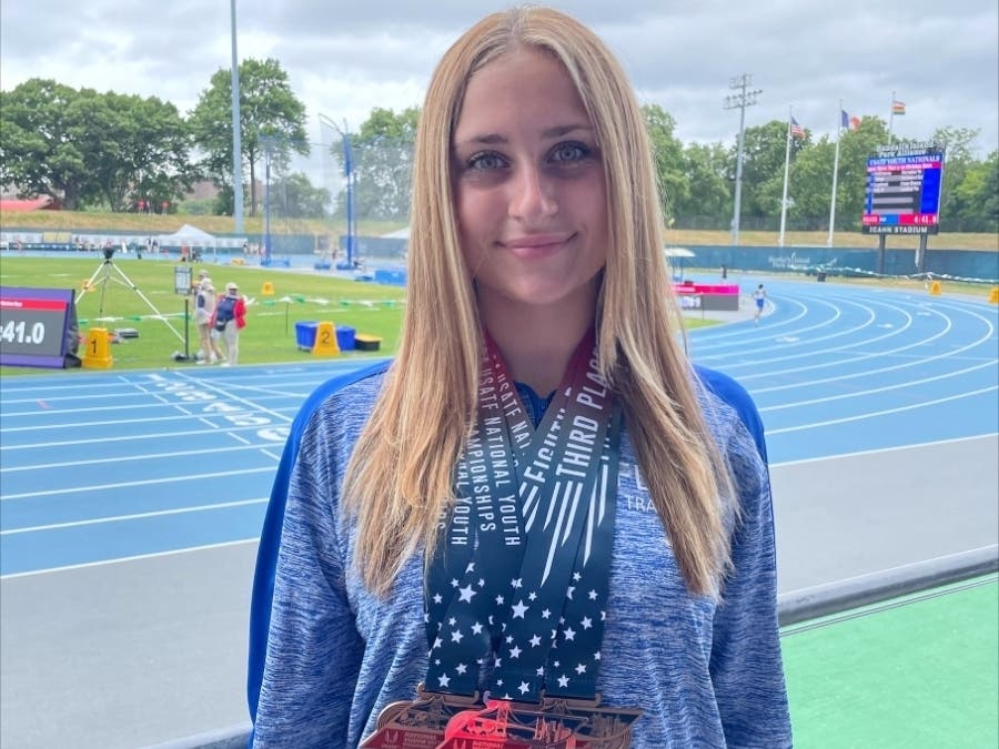 Pictured is Allison Stroh who reached the podium in three events the Hammer Throw, Discus Throw, and Shot Put Throw.