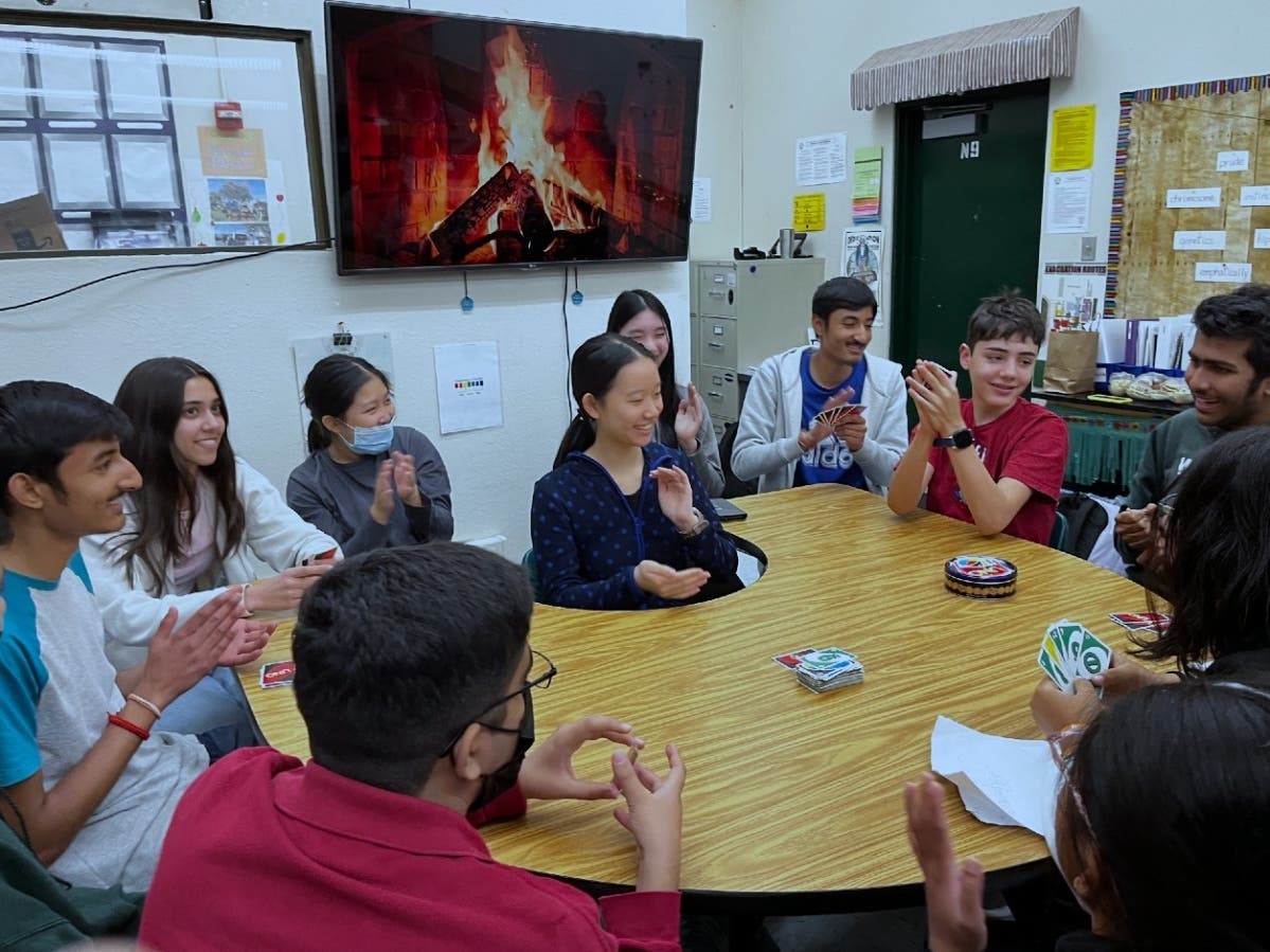 Audrey with students at Mission San Jose High School in Fremont, Calif.